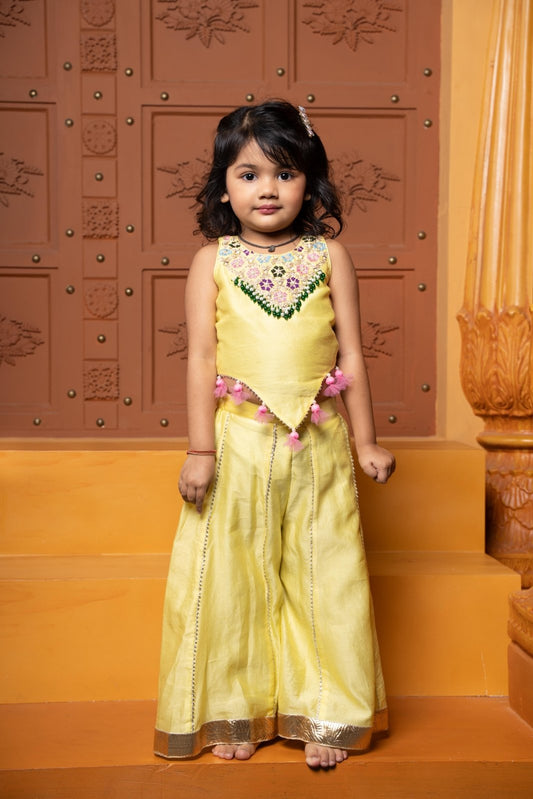 Sleeveless Embroidered Stylish Hem Top With Palazzo & Yellow Kurta With Embroidered Jacket And White Pyjama - Kirti Agarwal