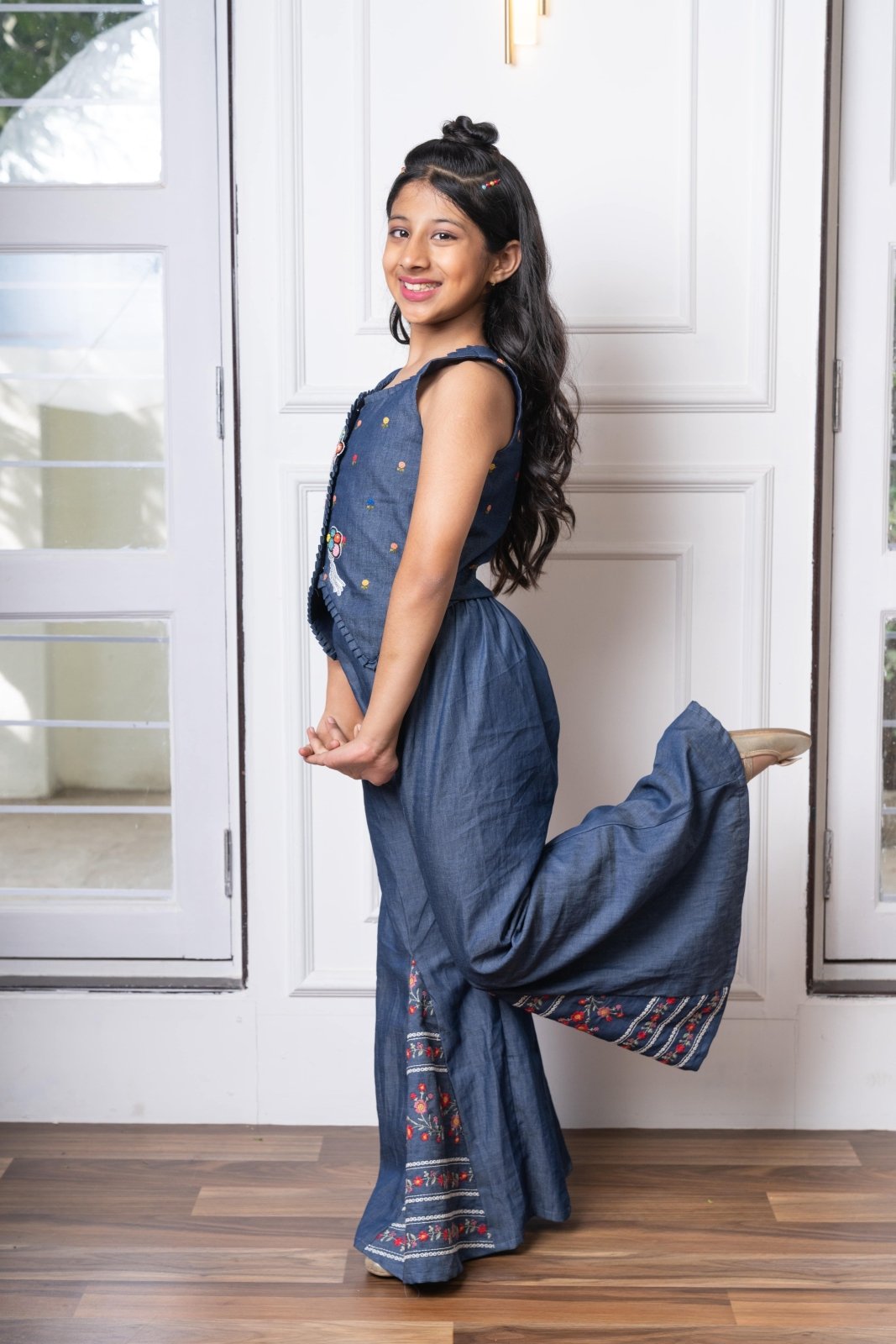 Soft Denim Embroidered Palazzo Set – Chic & Comfortable Ethnic Fusion Wear - Kirti Agarwal