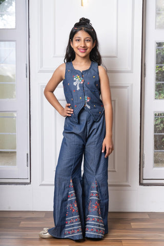 Soft Denim Embroidered Palazzo Set – Chic & Comfortable Ethnic Fusion Wear