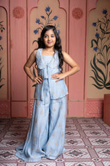 Steel blue embroidered top with jacket and palazzo set & embroidered kurta with white dhoti