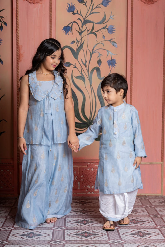 Steel blue embroidered crop top with scalloped jacket and palazzo set & embroidered kurta with white dhoti - Kirti Agarwal