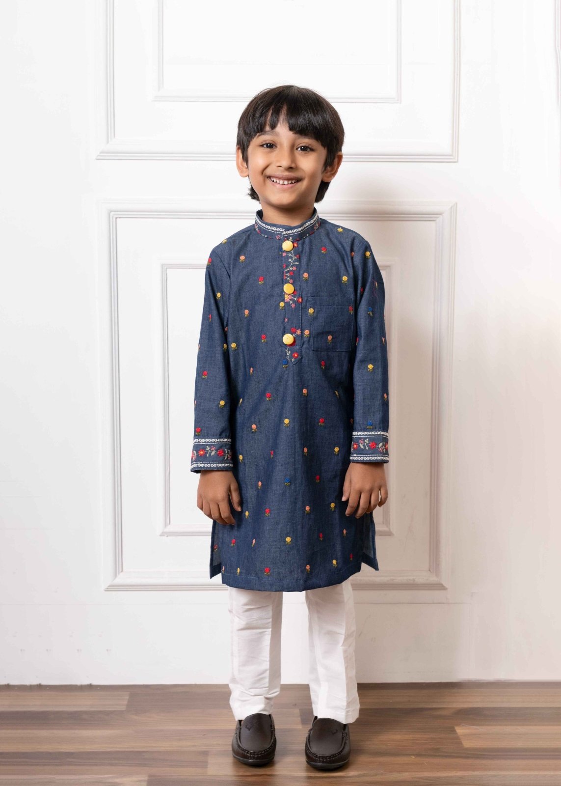 Stylish Denim Blue Embroidered Kurta with White Pants – Perfect for Festive Celebrations, Weddings, and Traditional Events - Kirti Agarwal