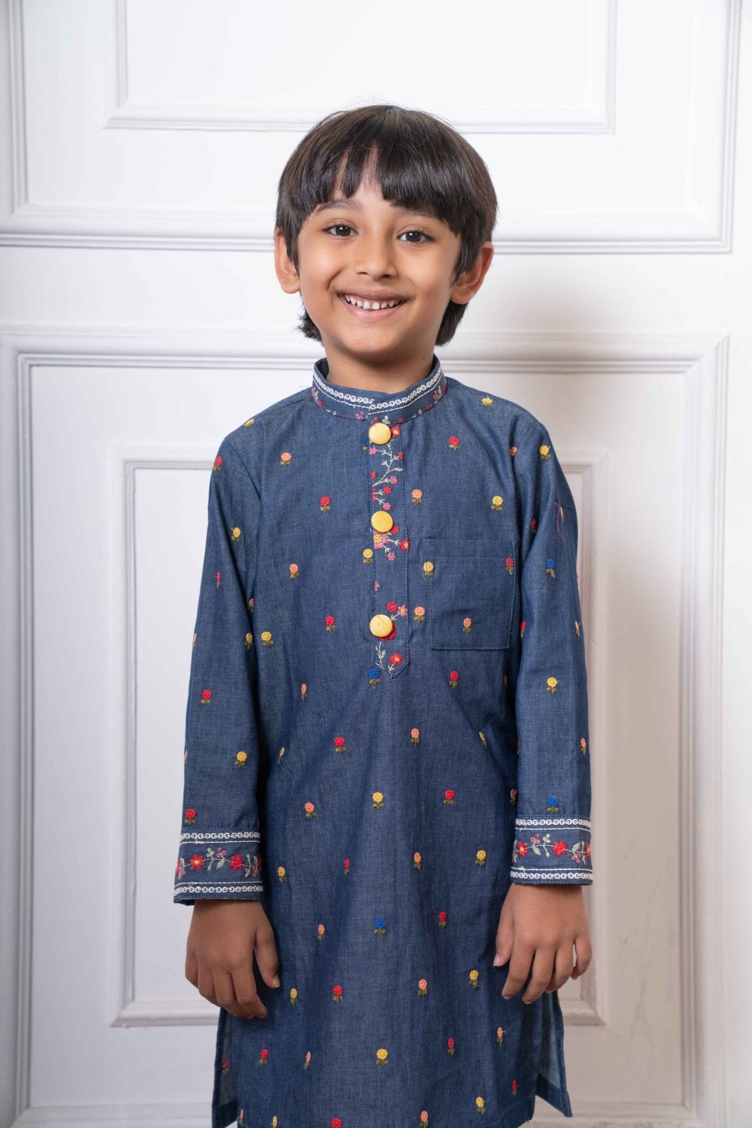 Stylish Denim Blue Embroidered Kurta with White Pants – Perfect for Festive Celebrations, Weddings, and Traditional Events - Kirti Agarwal