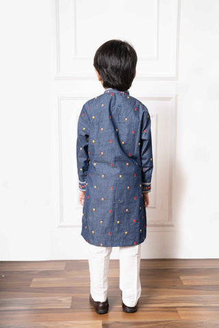 Stylish Denim Blue Embroidered Kurta with White Pants – Perfect for Festive Celebrations, Weddings, and Traditional Events - Kirti Agarwal