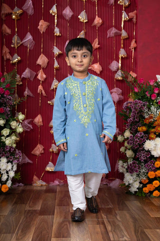 Stylish Light Blue Soft Denim Kurta with Lime Green Embroidery and White Pants – Perfect for Festive Celebrations and Weddings - Kirti Agarwal