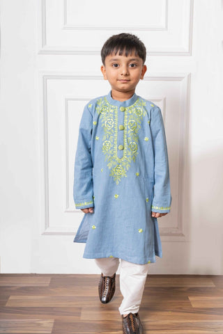 Stylish Light Blue Soft Denim Kurta with Lime Green Embroidery and White Pants – Perfect for Festive Celebrations and Weddings - Kirti Agarwal