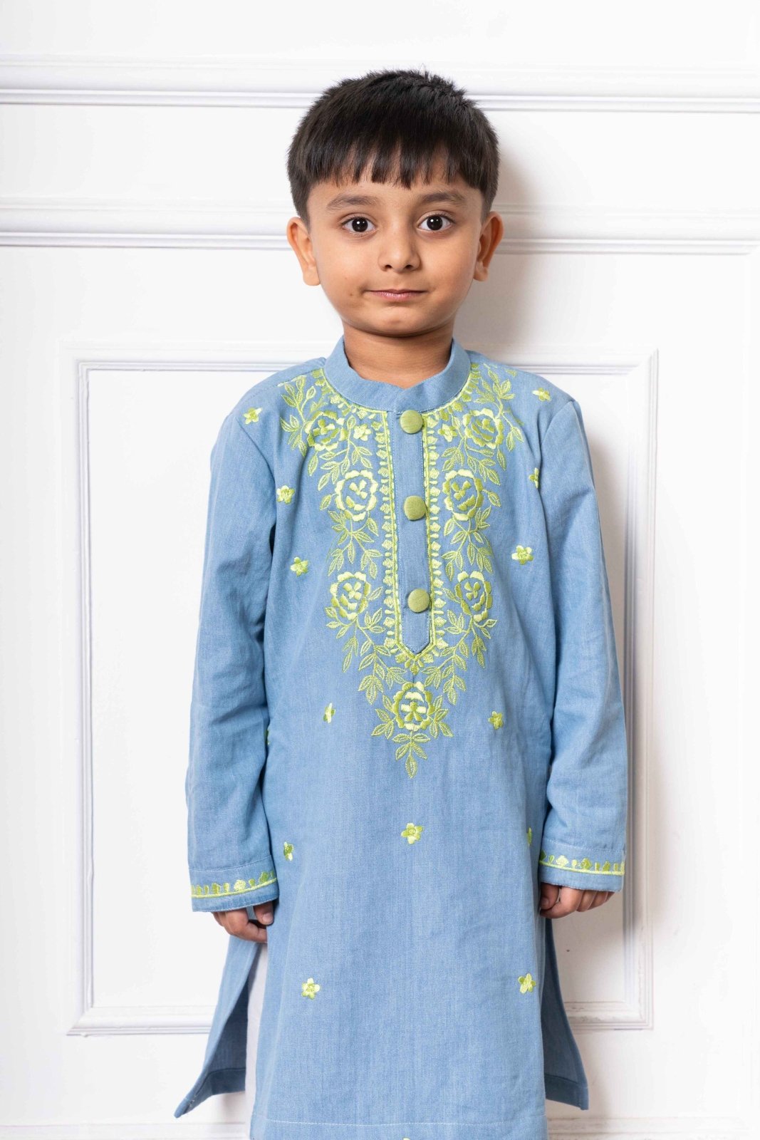 Stylish Light Blue Soft Denim Kurta with Lime Green Embroidery and White Pants – Perfect for Festive Celebrations and Weddings - Kirti Agarwal