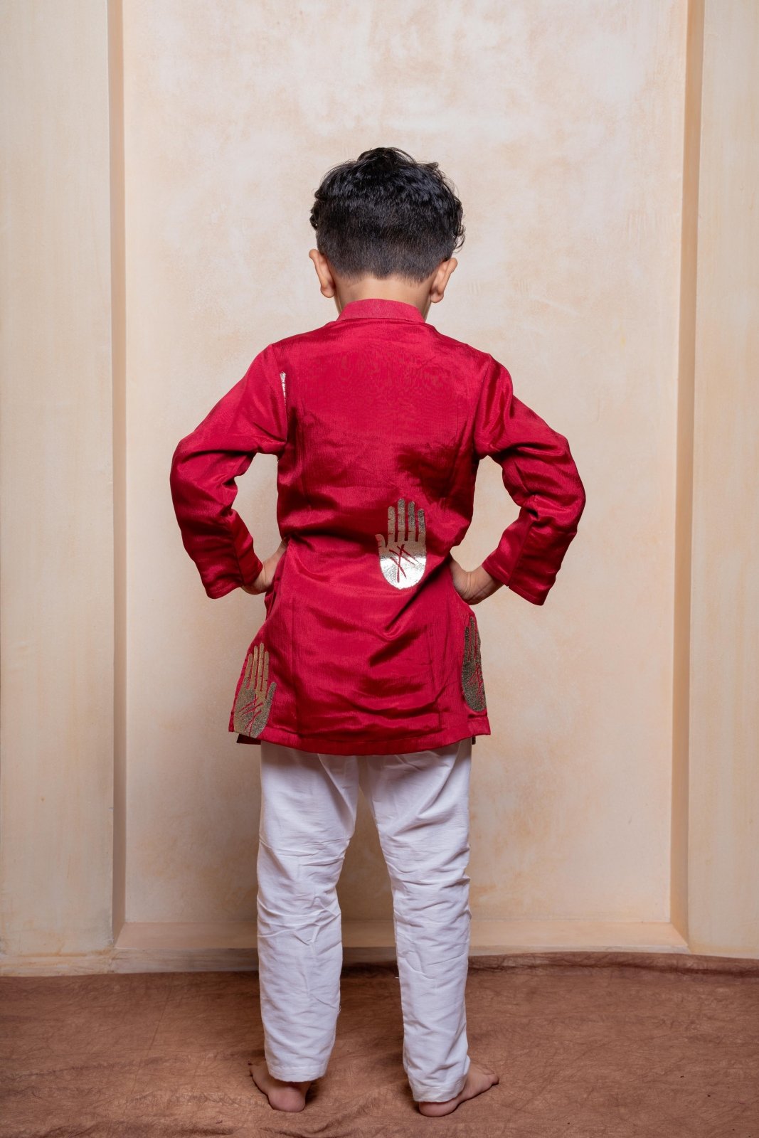 Stylish red embroidered kurta with white pajama – a perfect fusion of tradition and trend for your little boy’s festive look - Kirti Agarwal