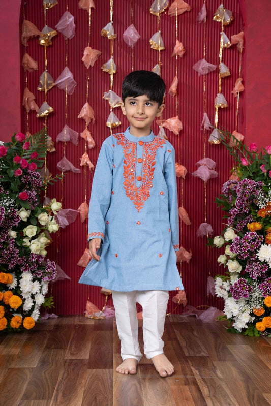 Stylish Sky Blue Soft Denim Kurta with Vibrant Embroidery and White Pants – Perfect for Festive Occasions and Traditional Celebrations - Kirti Agarwal