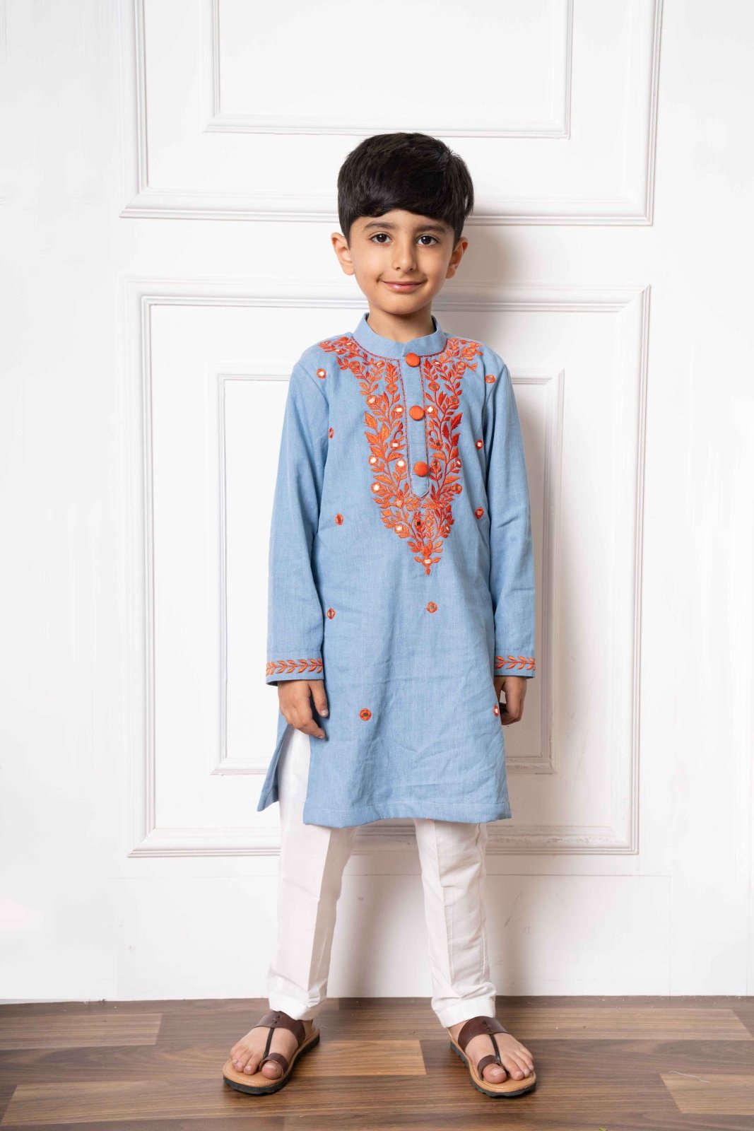 Stylish Sky Blue Soft Denim Kurta with Vibrant Embroidery and White Pants – Perfect for Festive Occasions and Traditional Celebrations - Kirti Agarwal