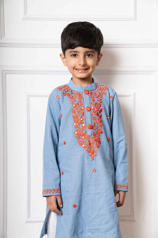 Stylish Sky Blue Soft Denim Kurta with Vibrant Embroidery and White Pants – Perfect for Festive Occasions and Traditional Celebrations - Kirti Agarwal