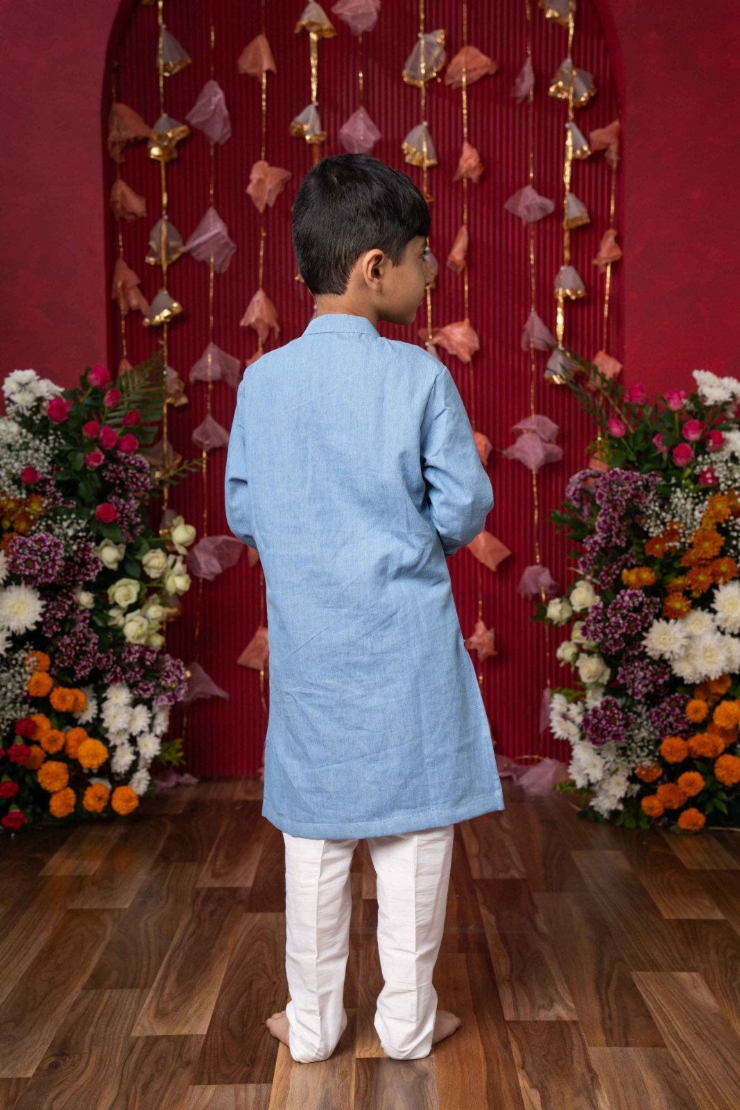 Stylish Sky Blue Soft Denim Kurta with Vibrant Embroidery and White Pants – Perfect for Festive Occasions and Traditional Celebrations - Kirti Agarwal