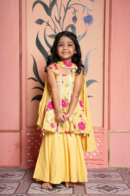 Yellow floral kurta with dhoti & floral peplum set with flared Palazzo and tassel dupatta