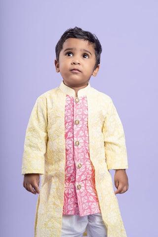 Traditional pink kurta with embroidered yellow jacket and white dhoti pants for a festive and vibrant look - Kirti Agarwal