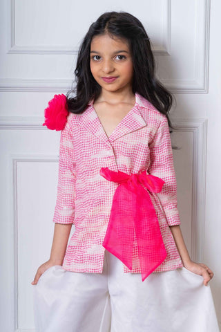 Trendy Pink Blazer Jacket with Bow Belt and White Palazzo Set – Perfect for Parties, Celebrations, and Modern Festive Wear - Kirti Agarwal