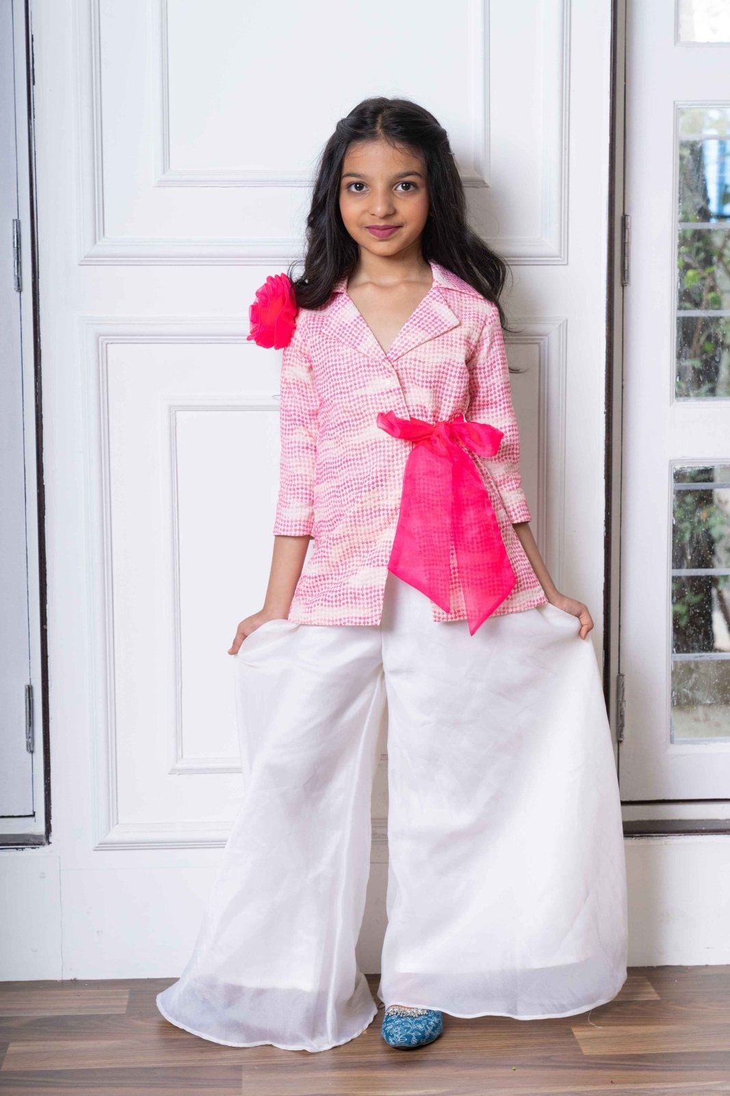 Trendy Pink Blazer Jacket with Bow Belt and White Palazzo Set – Perfect for Parties, Celebrations, and Modern Festive Wear - Kirti Agarwal