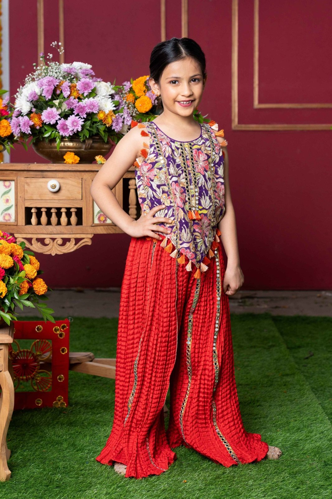 Vibrant Embroidered Kurti with Tassels and Red Mirror Work Sharara Pants – Perfect for Weddings, Festivals, and Parties - Kirti Agarwal