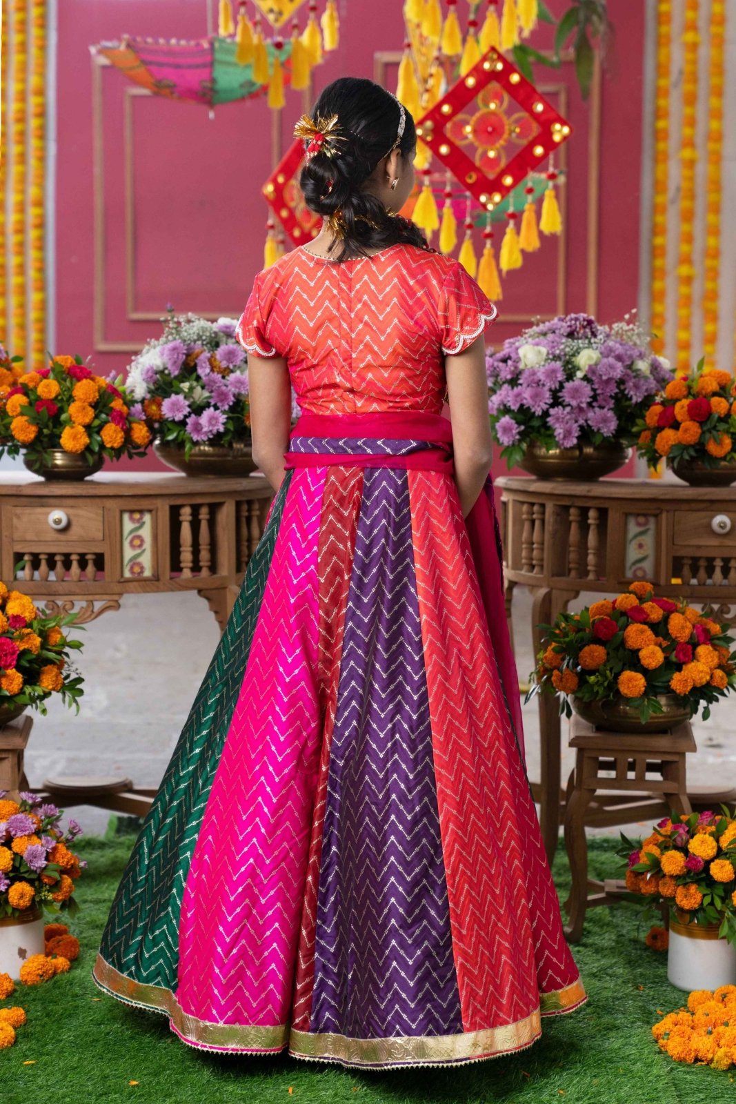 Vibrant Multicolored Chevron Embroidered Lehenga Set with Matching Blouse and Dupatta – Perfect for Weddings, Festivals, and Grand Celebrations! - Kirti Agarwal