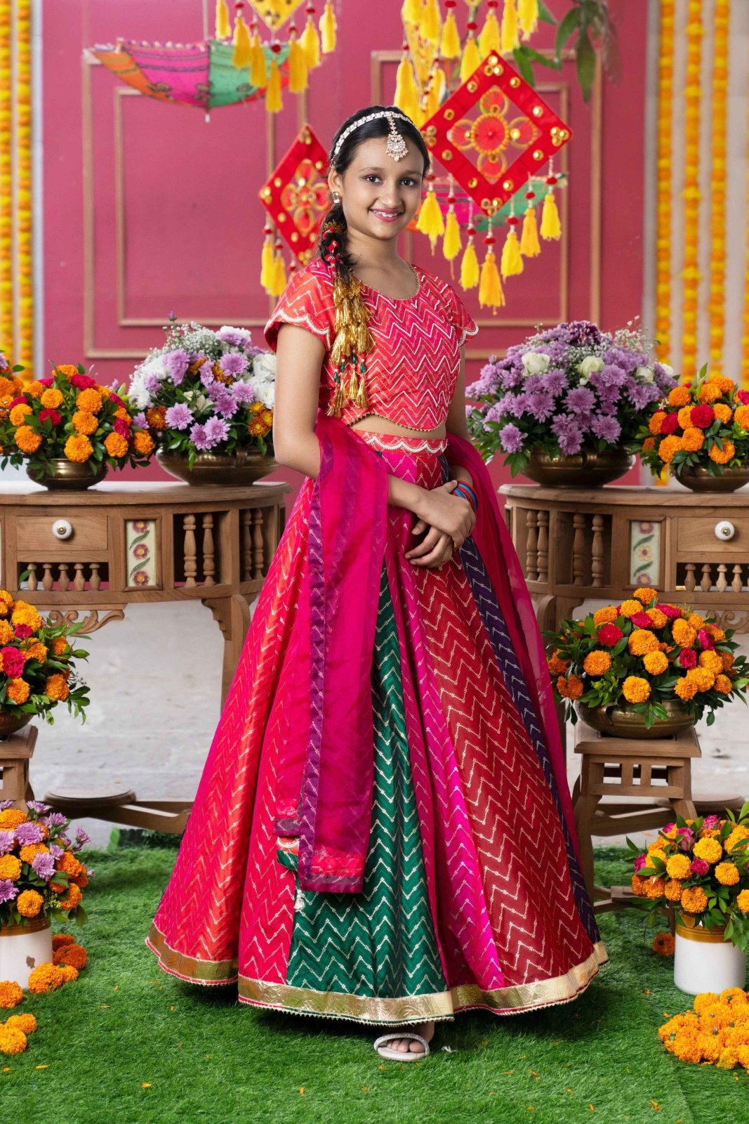 Vibrant Multicolored Chevron Embroidered Lehenga Set with Matching Blouse and Dupatta – Perfect for Weddings, Festivals, and Grand Celebrations! - Kirti Agarwal