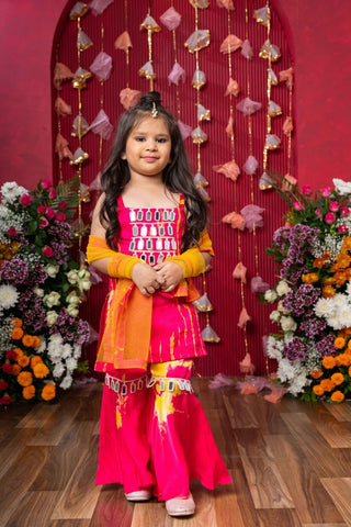 Vibrant Pink Mirror - Work Sharara Set with Dupatta for Kids - Kirti Agarwal