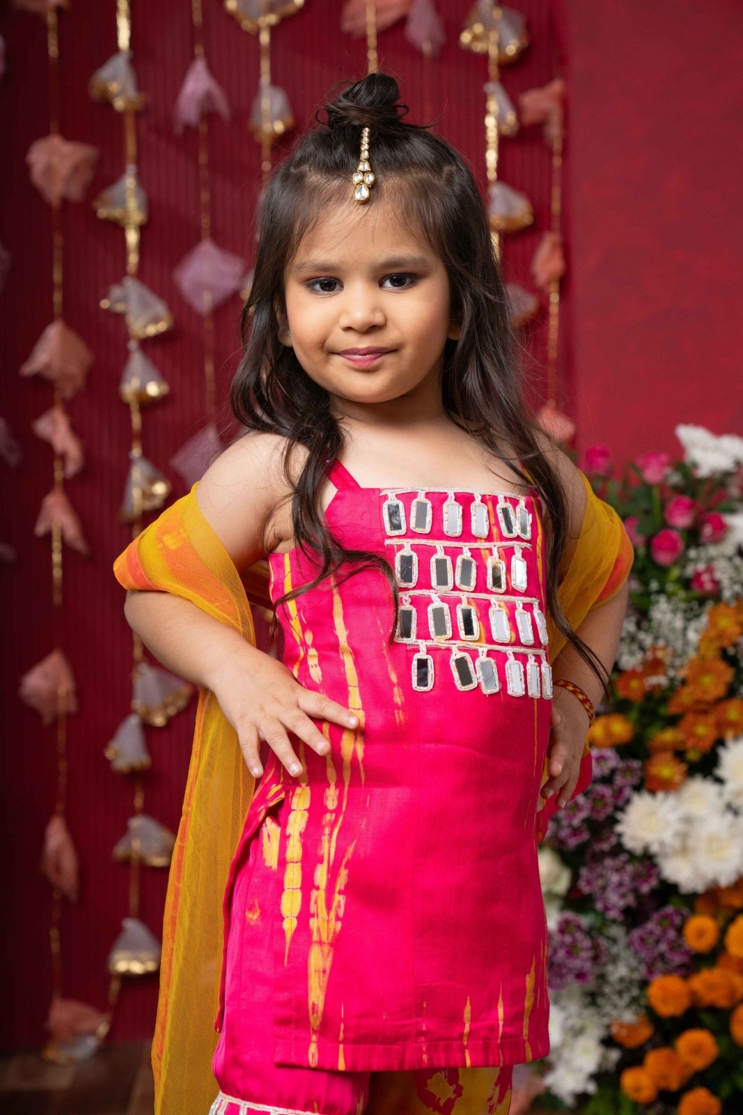 Vibrant Pink Mirror - Work Sharara Set with Dupatta for Kids - Kirti Agarwal