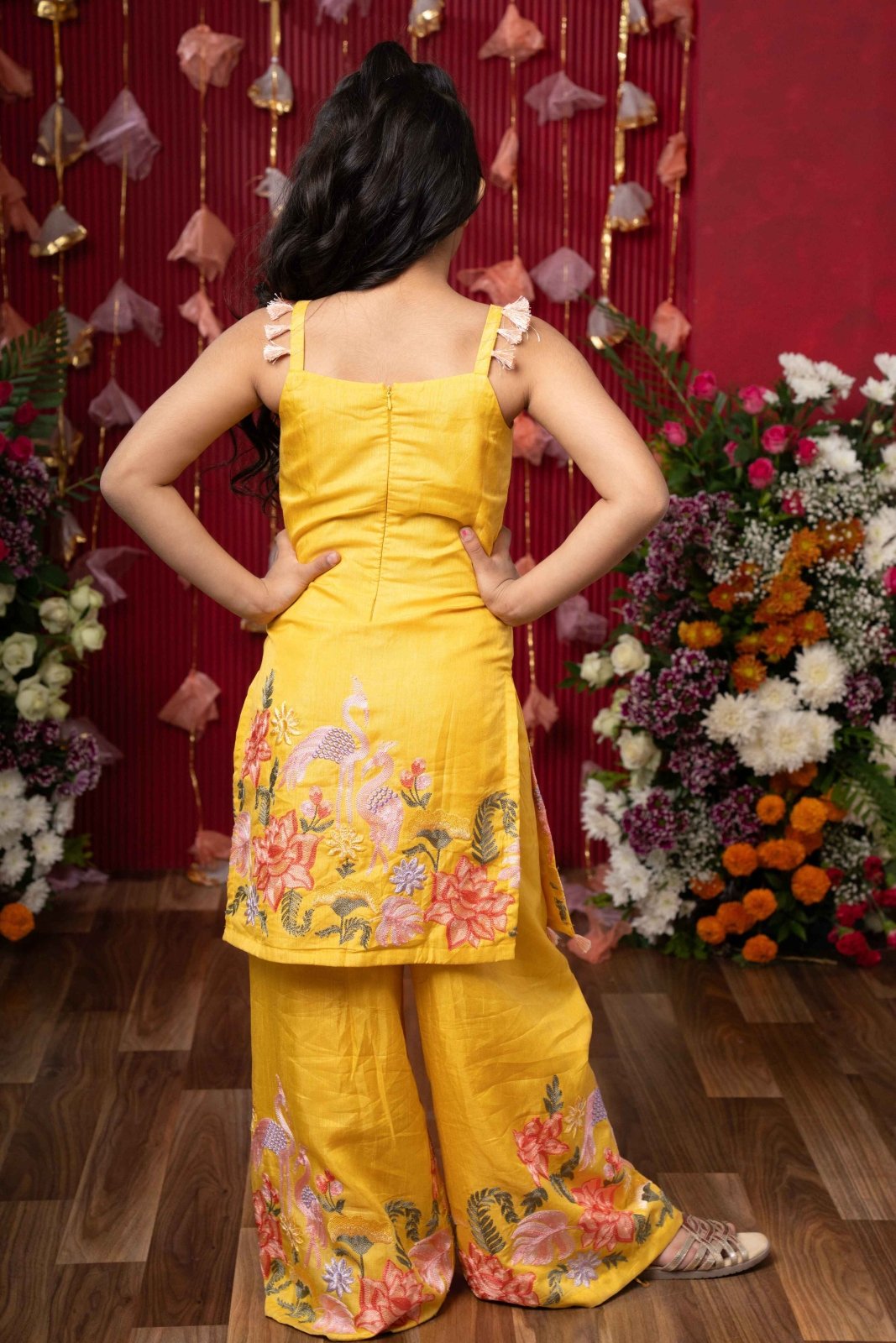 Vibrant Yellow Floral Embroidered Kurti and Palazzo Set with Tassel Details – Perfect for Festive and Casual Wear - Kirti Agarwal