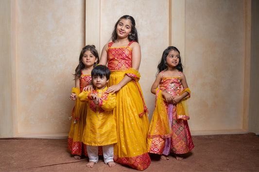 Yellow and Multicolor brocade for girls and Yellow Brocade kurta for boys - Kirti Agarwal