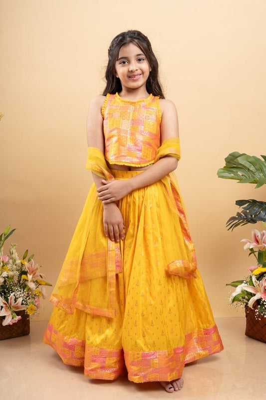 Yellow Multicolour Brocade Printed Top With Pleated Flap Lehenga And Net Dupatta - Kirti Agarwal