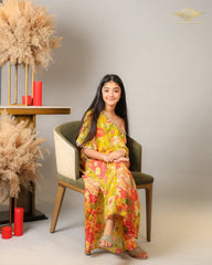 Yellow Strappy Top With Multicolour Printed Cape & Crop top