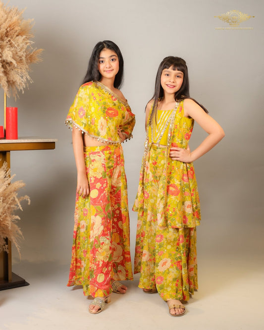 Yellow Strappy Top With Multicolour Printed Cape And Palazzo & Embroidered And Embellished Strappy Top With Printed Cape And Palazzo - Kirti Agarwal
