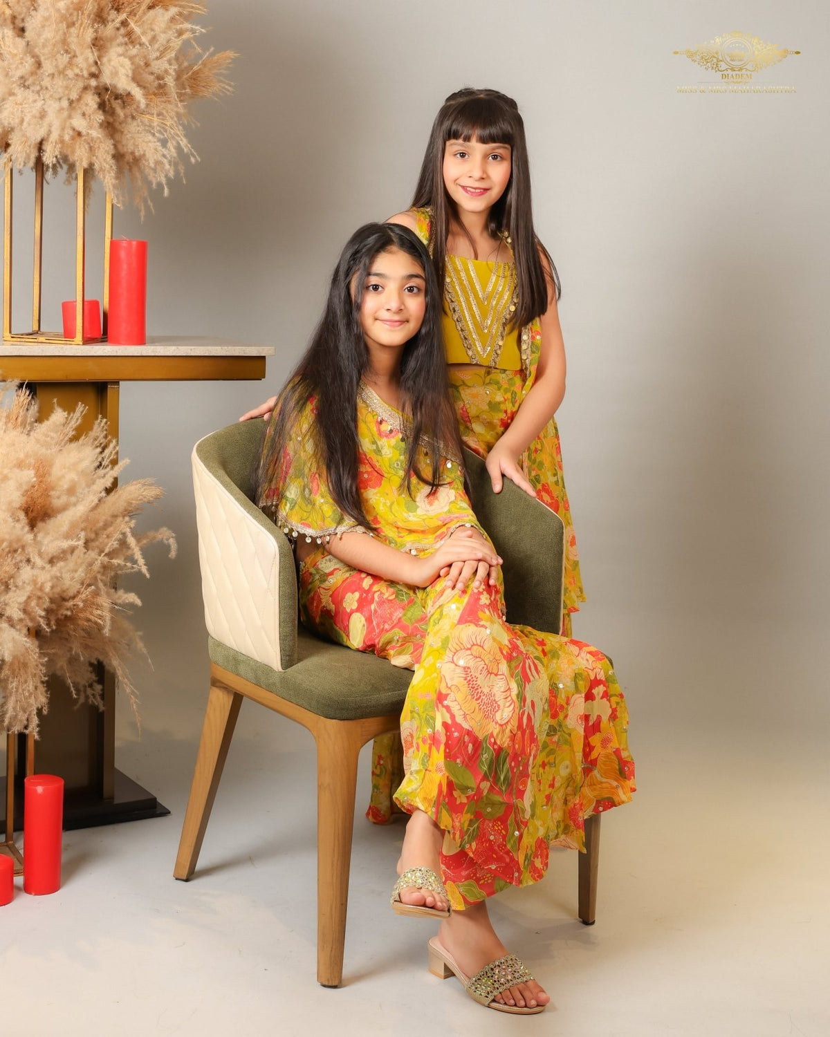 Yellow Strappy Top With Multicolour Printed Cape And Palazzo & Embroidered And Embellished Strappy Top With Printed Cape And Palazzo - Kirti Agarwal