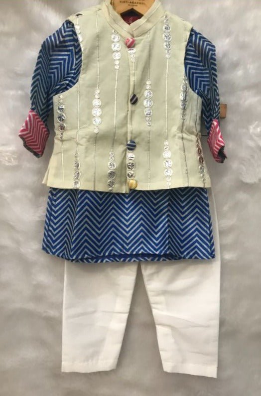 Blue Zig Zag Print Kurta with Abla work Jacket and Chudidar - Kirti Agarwal