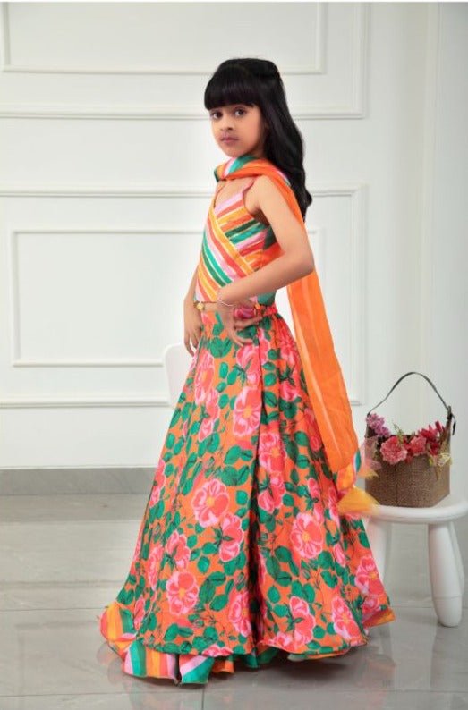 Colourful Striped V Neck Top And Floral Orange Lehenga With Matching Dupatta - Kirti Agarwal