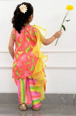 Coral Pink Striped Pleats Enhanced Scalloped Kurti And Tulip Dhoti With Ruffle Dupatta - Kirti Agarwal