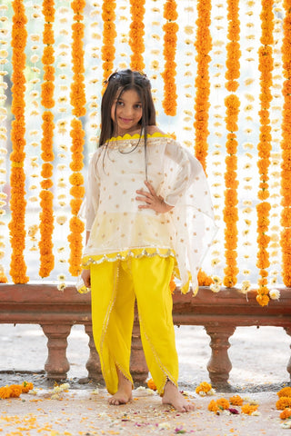 Crop Top With Sequins Embroidered Cape And yellow satin Dhoti - Kirti Agarwal