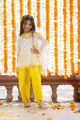 Crop Top With Sequins Embroidered Cape And yellow satin Dhoti - Kirti Agarwal