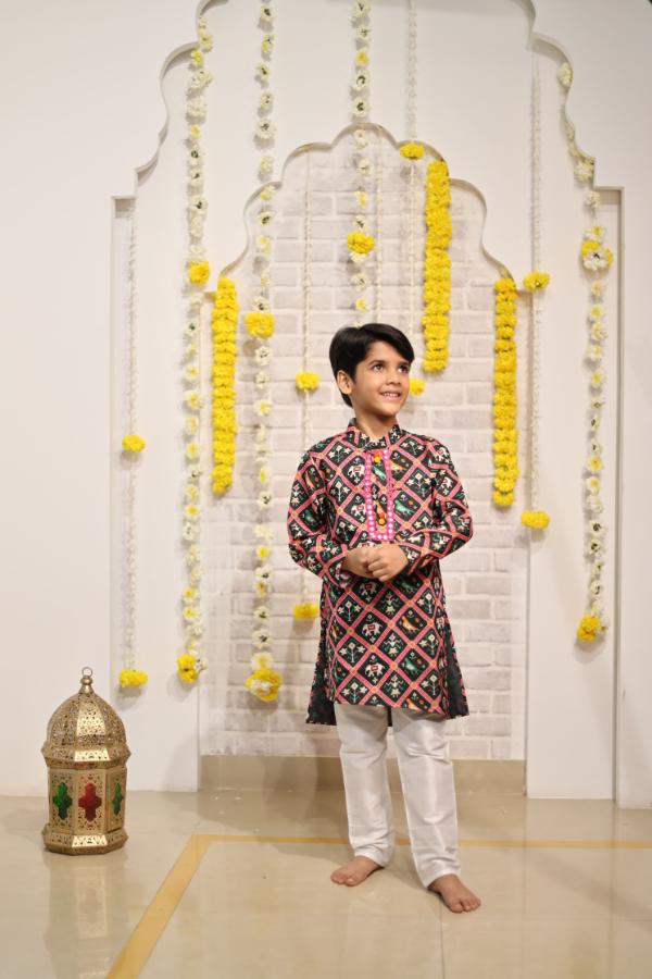 Dark Green Patola Printed Kurta with Pyjama - Kirti Agarwal