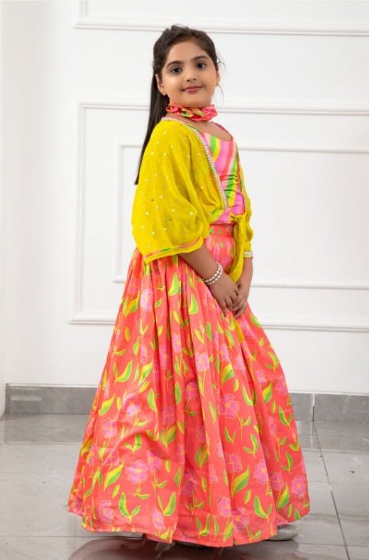 Diagonal Striped Colourful Top With Pleated Tie Up Stylish Jacket And Salmon Pink Floral Lehenga - Kirti Agarwal