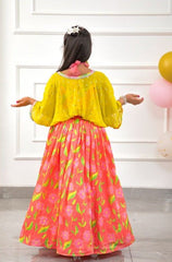 Diagonal Striped Colourful Top With Pleated Tie Up Stylish Jacket And Salmon Pink Floral Lehenga - Kirti Agarwal