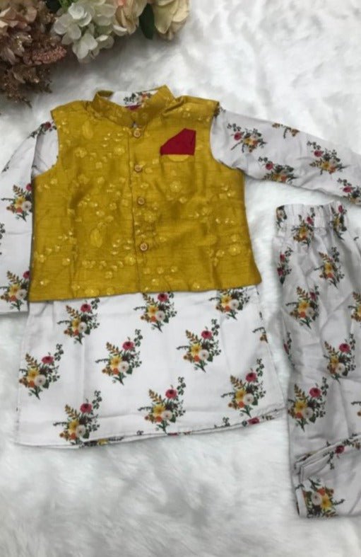 Embroidered Bandi with Flower Print kurta and Pajama - Kirti Agarwal