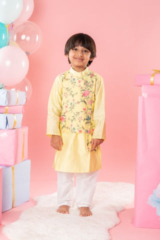 Ethnic Floral Embroidered Yellow Jacket Style Kurta With Pyjama - Kirti Agarwal