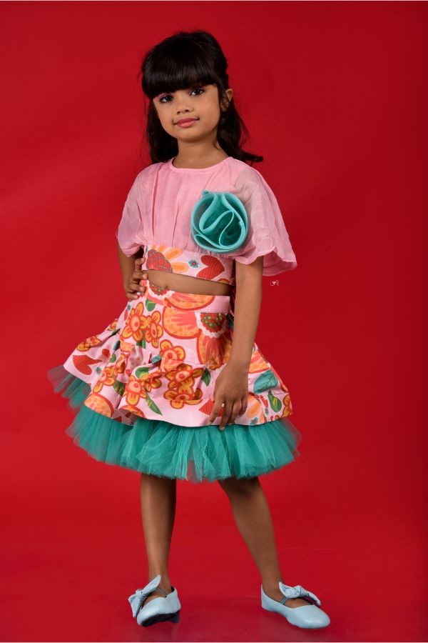 Falling Crop Top with Frilled Skirt and Embroidered Flower on top - Kirti Agarwal
