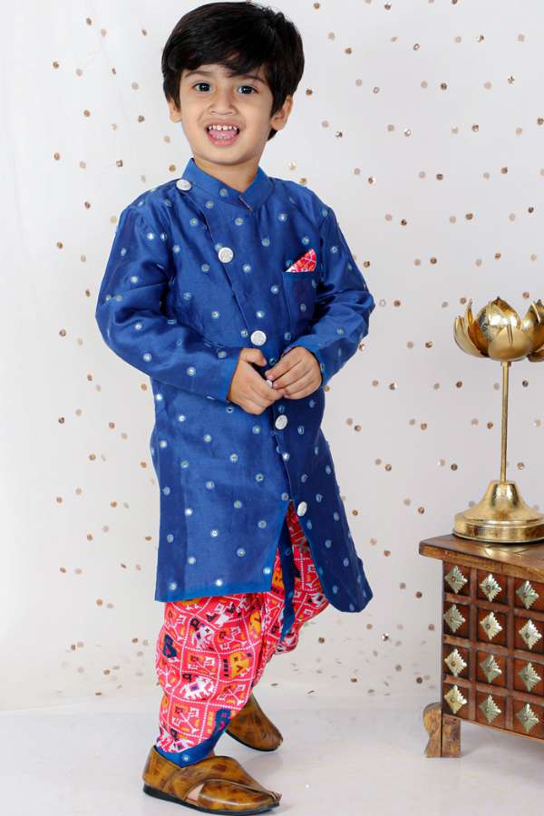 Faux Mirror Work Asymmetric Blue Kurta And Patola Printed Dhoti - Kirti Agarwal