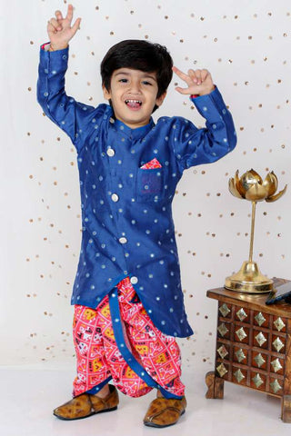 Faux Mirror Work Asymmetric Blue Kurta And Patola Printed Dhoti - Kirti Agarwal