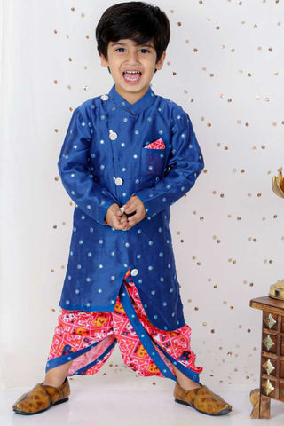 Faux Mirror Work Asymmetric Blue Kurta And Patola Printed Dhoti - Kirti Agarwal