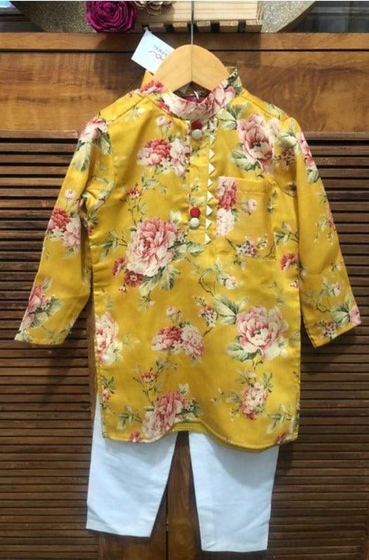 Floral Print Yellow Kurta with Chudidar - Kirti Agarwal