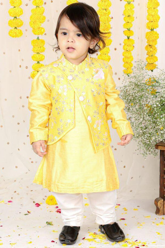 Floral Sequin Work Jacket With Yellow Kurta And Pyjama - Kirti Agarwal