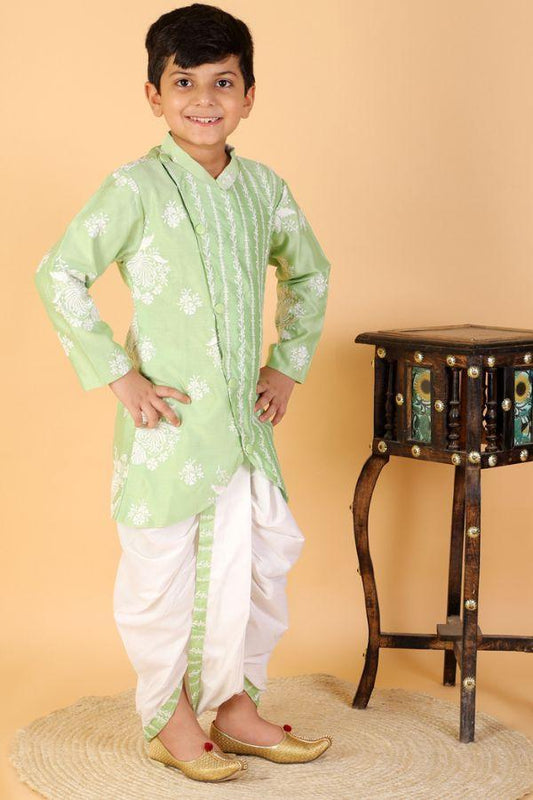 Floral Thread Embroidered Green Kurta And Dhoti - Kirti Agarwal