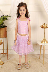 Flower embroidered crop top with lavender embroidered net skirt - Kirti Agarwal