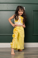 Flower Embroidered off white top with yellow pants having flower embroidery - Kirti Agarwal